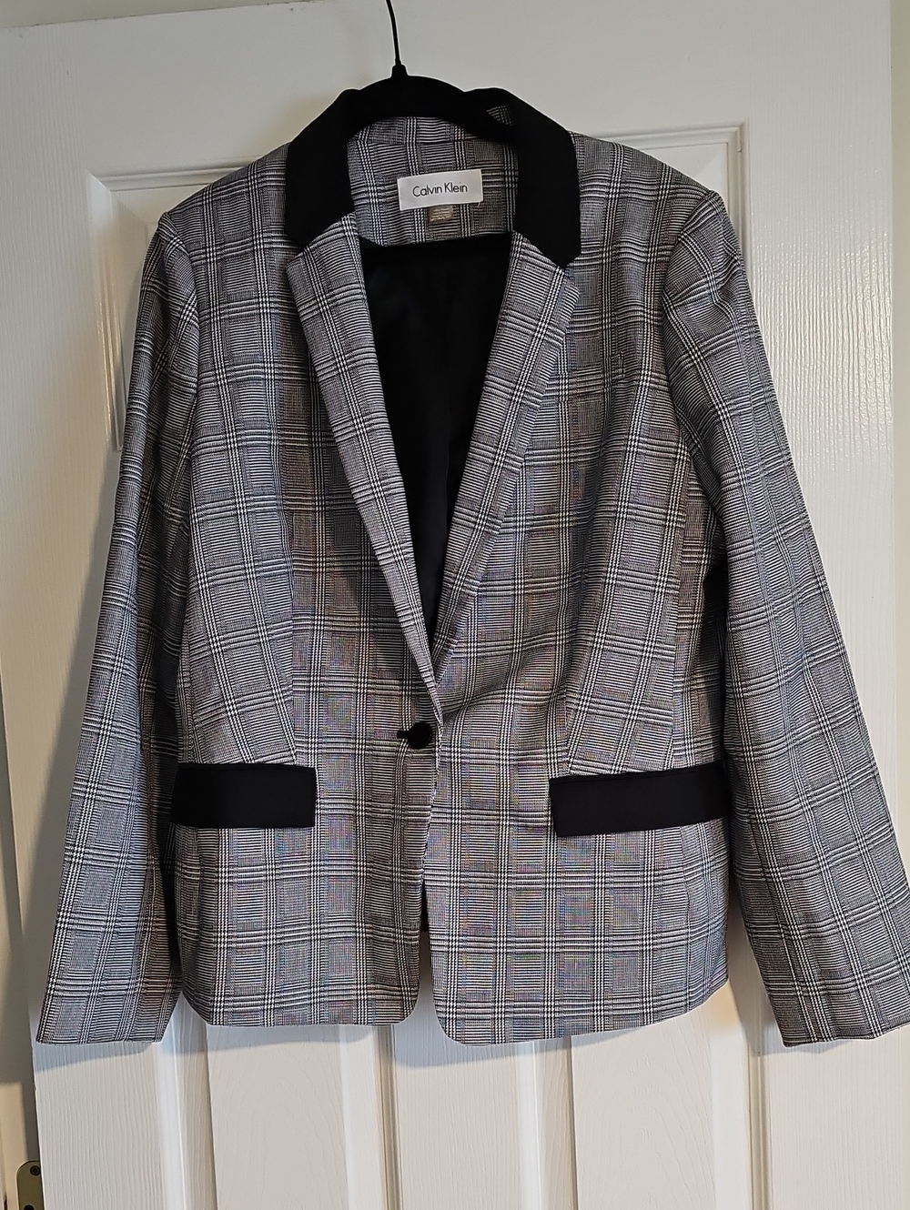 Calvin Klein Black-Trim Gray Glen Plaid Blazer